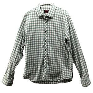 Jared Lang‎ Slub Cotton Shirt Mens XL Green White Check Long Sleeve Breathable